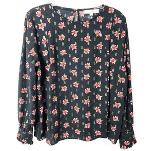 Loft Women's Black Floral Metallic Long Sleeve Blouse, Size XL